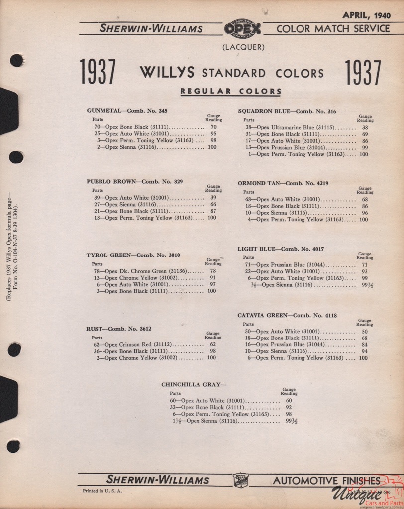 1937 Willys Paint Charts Williams 2
